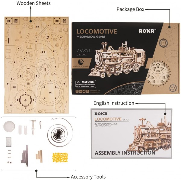 Robotime Dampflokomotive mechanischer Baukasten - 3D Holzpuzzle Modell Nr. LK701